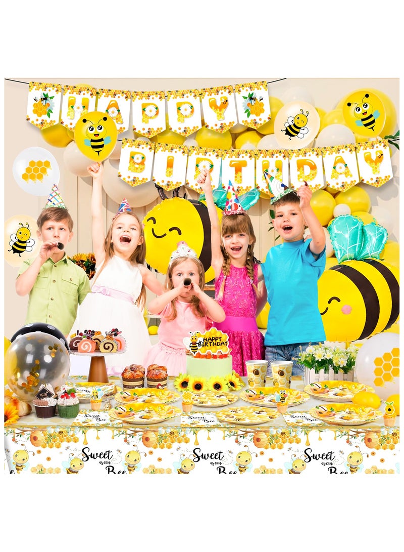 Bee Birthday Decorations for 10 Guests, Bee Party Disposable Tableware Set Bee Theme Party Plates Cups Napkins Tablecloth Happy Birthday Bee Banner Balloons Cake Toppers