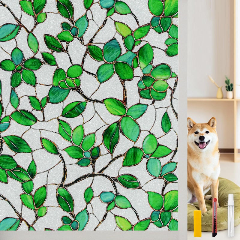 COUNTEWOL Window Privacy Film with Installation Tools Home Decorative Colored Glass Window Stickers Reusable electrostatic Rainbow Stickers (Frosted Greenery Leaf, 17.5 x 78.7 in) - Image 1
