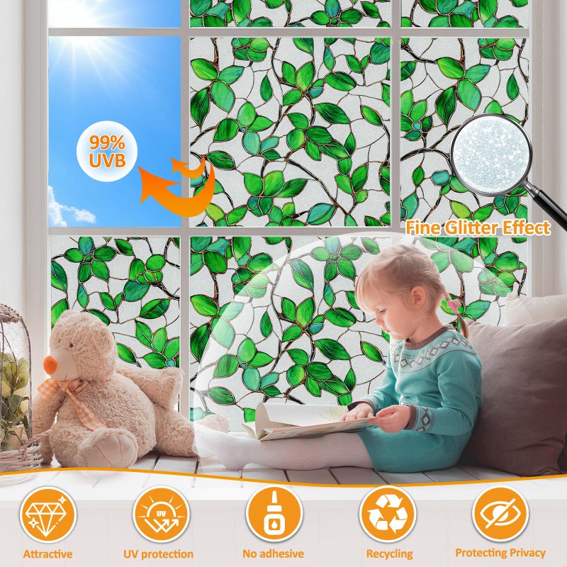 COUNTEWOL Window Privacy Film with Installation Tools Home Decorative Colored Glass Window Stickers Reusable electrostatic Rainbow Stickers (Frosted Greenery Leaf, 17.5 x 78.7 in) - Image 4