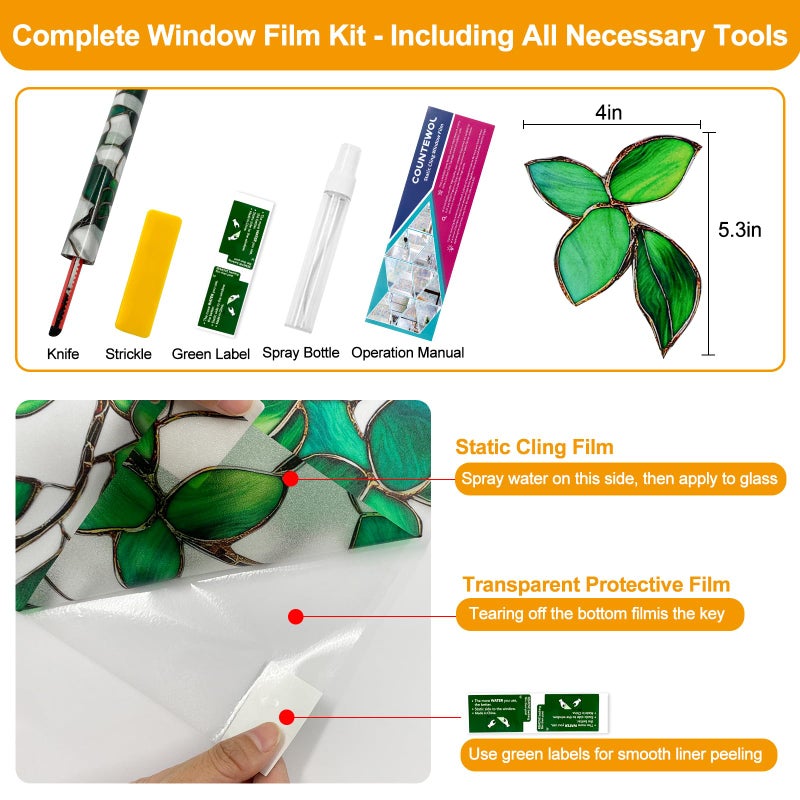 COUNTEWOL Window Privacy Film with Installation Tools Home Decorative Colored Glass Window Stickers Reusable electrostatic Rainbow Stickers (Frosted Greenery Leaf, 17.5 x 78.7 in) - Image 2