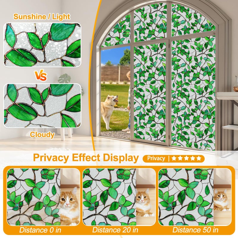 COUNTEWOL Window Privacy Film with Installation Tools Home Decorative Colored Glass Window Stickers Reusable electrostatic Rainbow Stickers (Frosted Greenery Leaf, 17.5 x 78.7 in) - Image 3