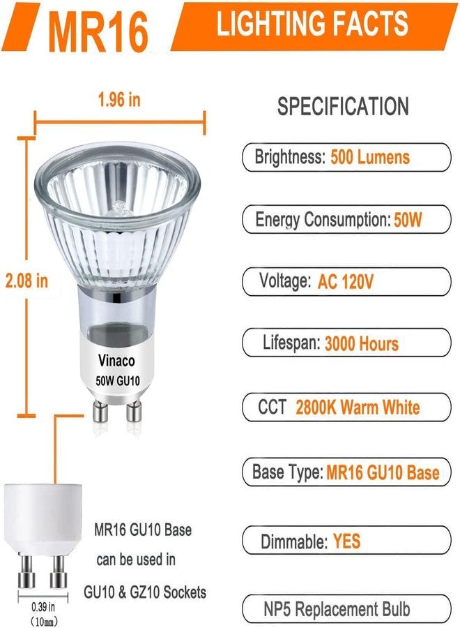 Vinaco GU10 Bulb, 6 Pack Halogen 120V 50W, Dimmable, MR16 GU10 Light Bulb with Long Lasting Lifespan, gu10+c for Track&Recessed Lighting, Gu10 Base Bulb, 50W MR16/FL/GU10, Warm White - Image 2