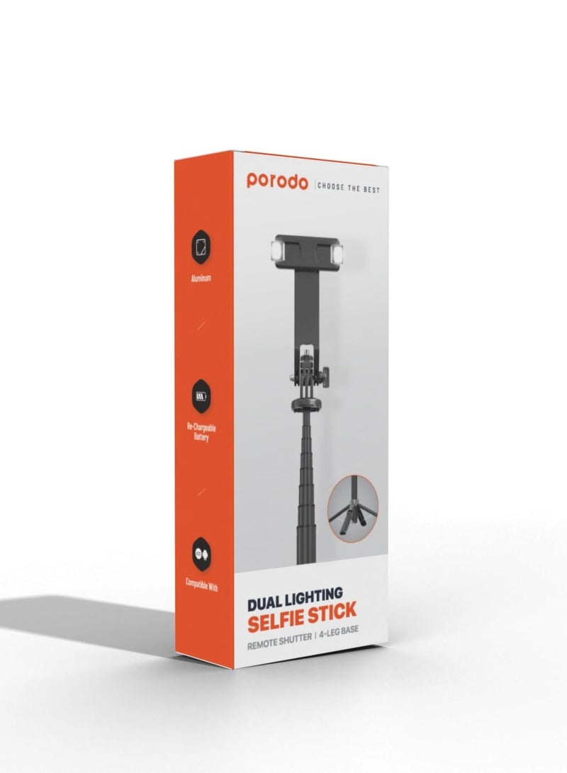 porodo Selfie Stick 135cm Extendable with Detachable Light 4 Leg Tripod / Remote shutter / 4 leg bases / Compatible with iOS & Android - Black  - Image 3
