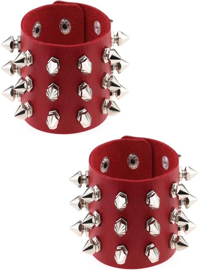 FM FM42 Red PU Simulated Leather Silvert-tone Spikes Rivets Adjustable Buckle Bracelet, Pack of 2 PCs - Image 1