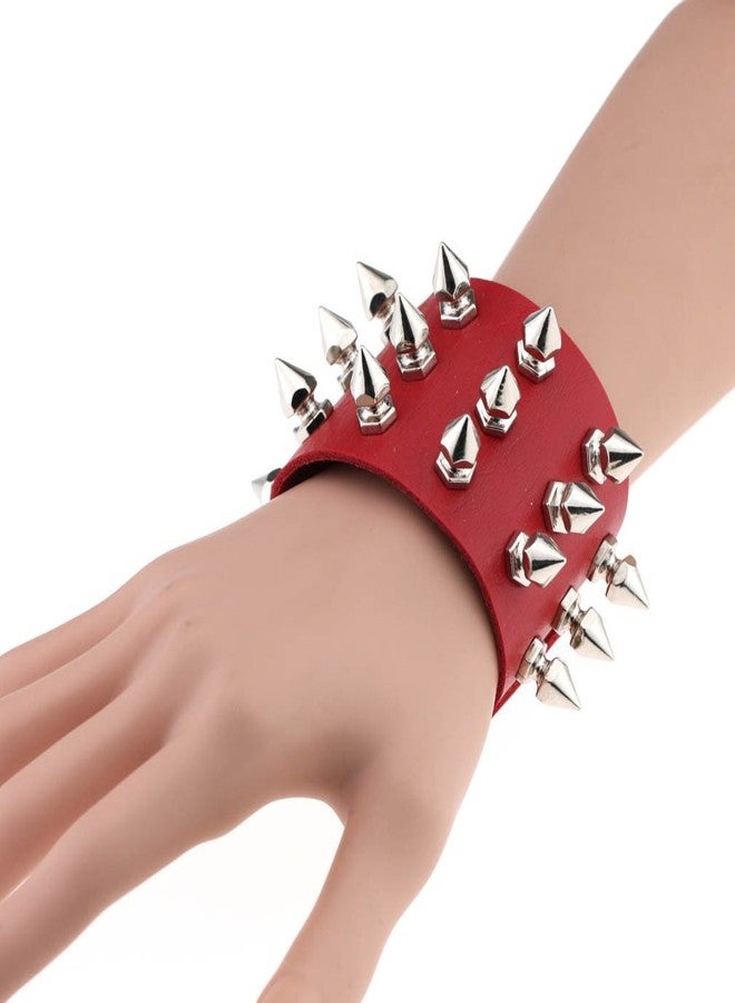 FM FM42 Red PU Simulated Leather Silvert-tone Spikes Rivets Adjustable Buckle Bracelet, Pack of 2 PCs - Image 4