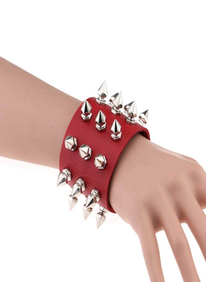 FM FM42 Red PU Simulated Leather Silvert-tone Spikes Rivets Adjustable Buckle Bracelet, Pack of 2 PCs - Image 5