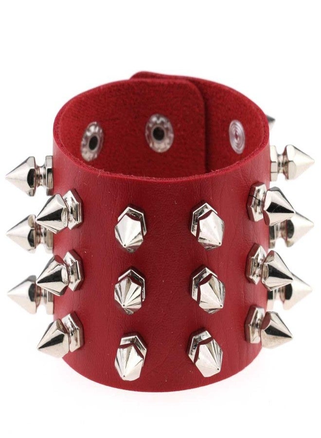 FM FM42 Red PU Simulated Leather Silvert-tone Spikes Rivets Adjustable Buckle Bracelet, Pack of 2 PCs - Image 2