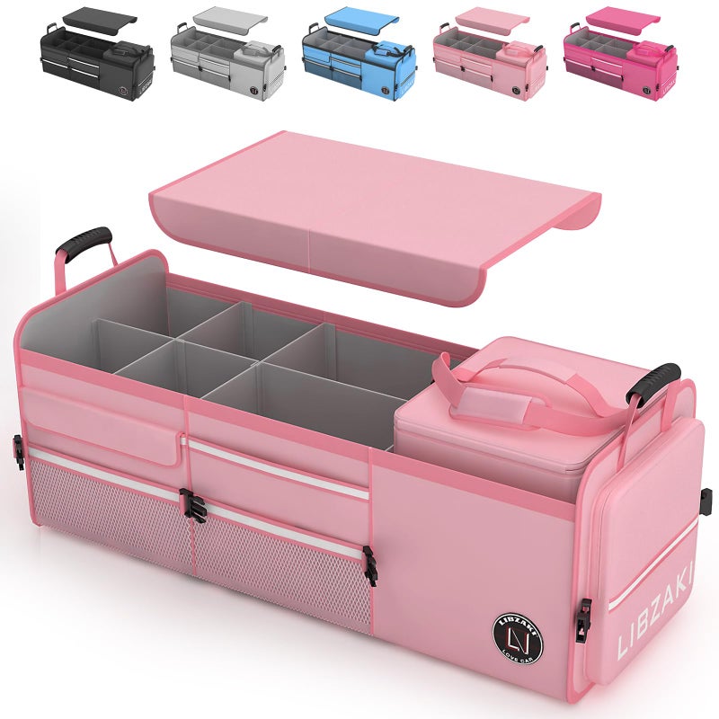 LIBZAKI Oversize 4 in 1 Car Trunk Storage Organizer Multi Compartment Collapsible Trunk Storage Box with Cooler Bag for Car Truck SUVPink