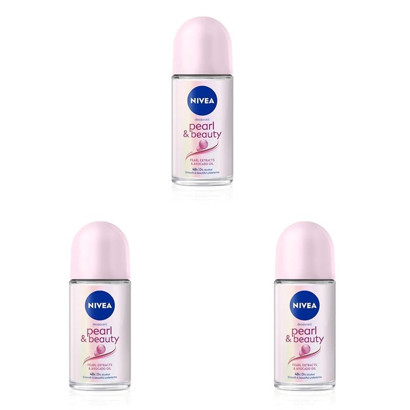 Nivea نيفيا لؤلؤة وجمال 50 مل رول أون مزود بخلاصات اللؤلؤ وزيت الأفوكادو 48 ساعة من السلاسة والجمال تحت الإبطين 0 كحول للنساء عبوة من 3 - Image 1