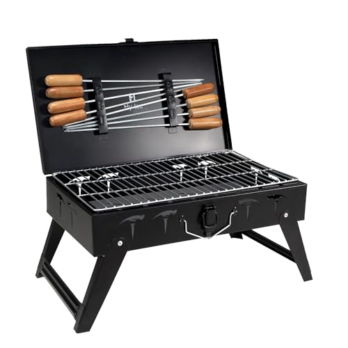 H Hy-tec (Device) Hybb, Traveler Foldable Charcoal Barbeque Grill With 8 Skewers & Charcoal Tray (Stellar Black), Free Standing - Image 1