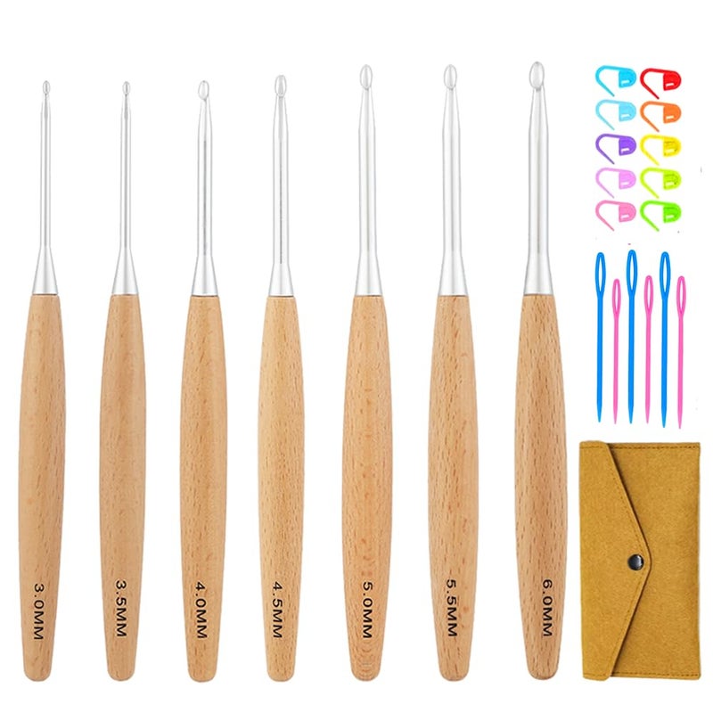 Yarniss Beech Wood Crochet Hooks Set with Case,Ergonomic Handle Crochet Hooks Set 3.0mm~6.0mm - Image 1