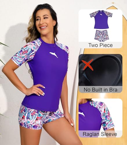 Halcurt UV Protection Swim Shirts for Women with Board Shorts Purple Printed M - Image 5