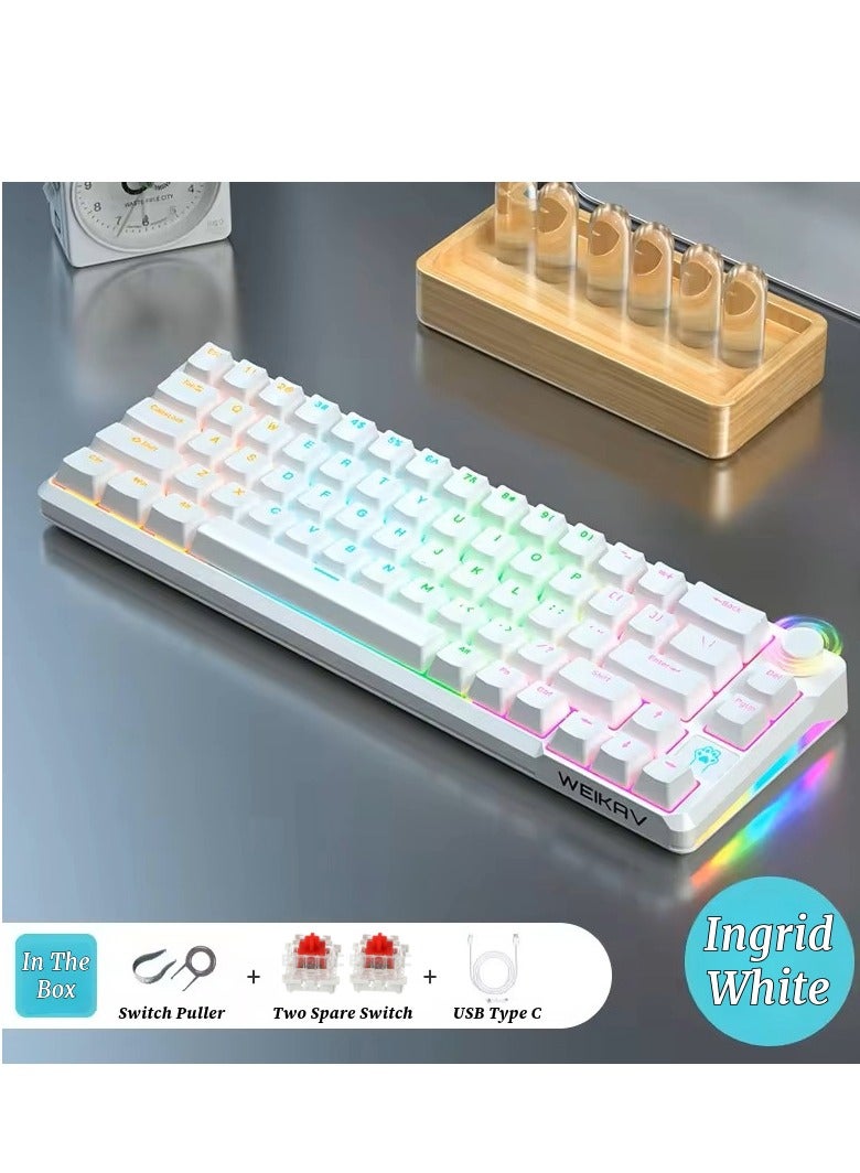 كيبورد العاب ميكانيكي، 68 مفتاح، مفتاح احمر/ازرق، اضواء RGB، عربي، سلكي USB نوع C، مقاوم للماء والغبار أبيض إنجريدي - مفتاح احمر - Image 2