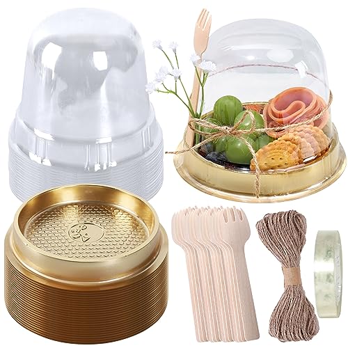 Whaline 50 Sets Disposable Individual Charcuterie Cup Clear Plastic Round Cake Boxes with Dome Lids Mini Wooden Spork Rope for Outdoor Snack Packing Open Houses Gatherings Wedding Party Event - Image 1