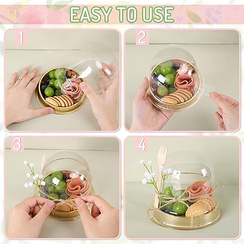 Whaline 50 Sets Disposable Individual Charcuterie Cup Clear Plastic Round Cake Boxes with Dome Lids Mini Wooden Spork Rope for Outdoor Snack Packing Open Houses Gatherings Wedding Party Event - Image 3