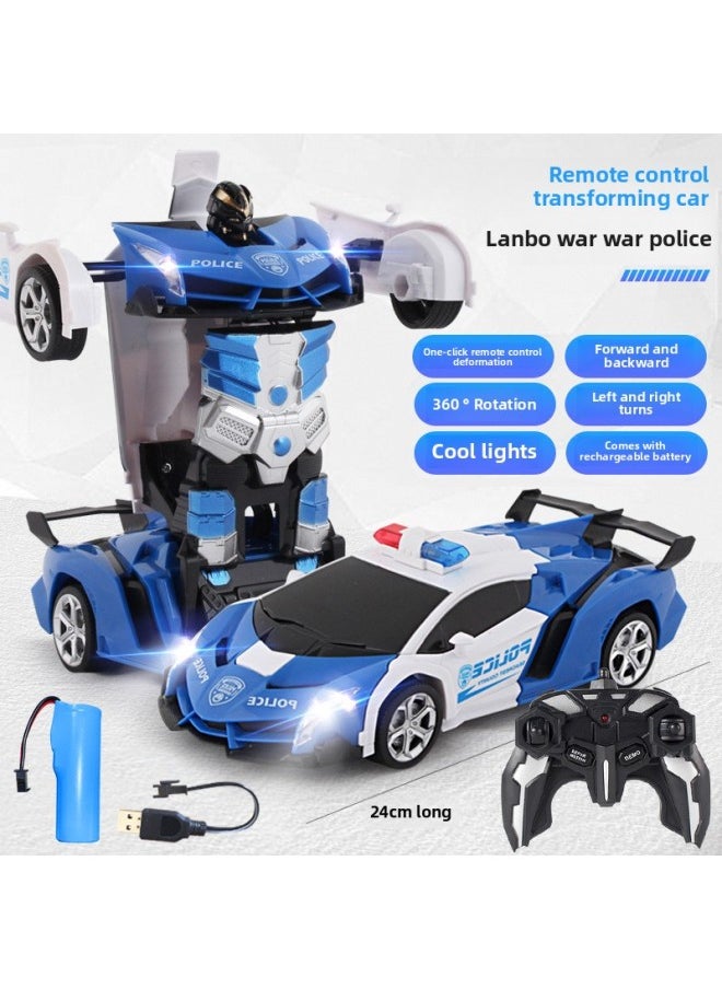 Generic Remote Control Car 1:18 One-button Remote Control Deformation Car Robot Toy Children Remote Control Deformation Stall-Color:Remote Control Deformation Blue Police Car-Proportion:1:18  - Image 1