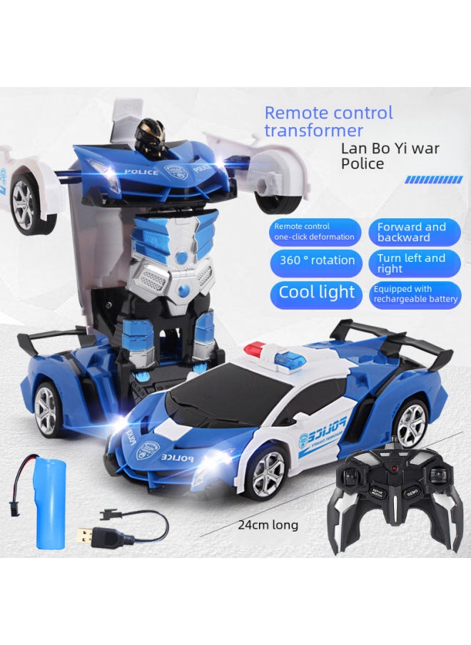 Generic Remote Control Car 1:18 One-button Remote Control Deformation Car Robot Toy Children Remote Control Deformation Stall-Color:Remote Control Deformation Blue Police Car-Proportion:1:18  - Image 4
