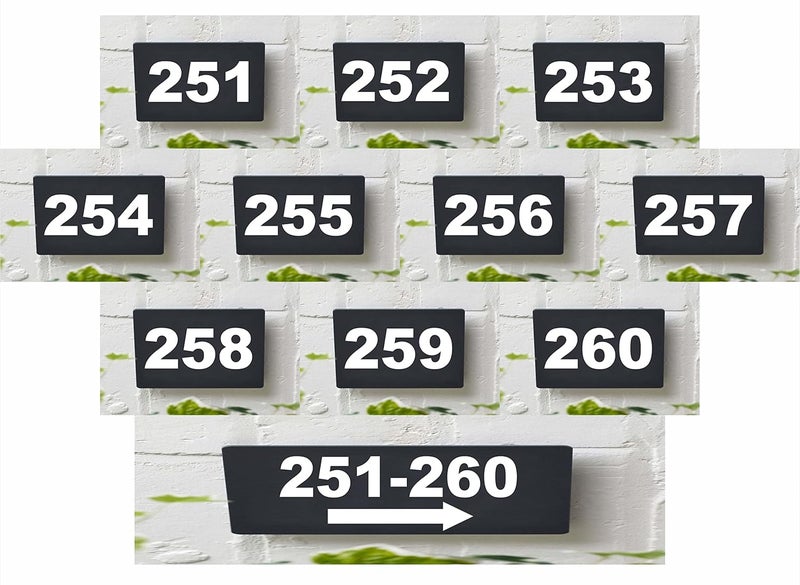 RL Digital Units Number Plate 251-260 , Combo pack 11 Number Plate Room, Hotel, Hospital, Lodge,Apartment, Flat,Door No,College, Library, Rack Numbers Warehouse,, Acrylic black board with white letters number plate fixed with water proof pvc sticker and strong double side tape - Image 1
