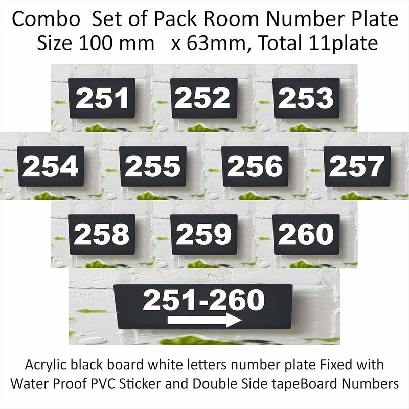 RL Digital Units Number Plate 251-260 , Combo pack 11 Number Plate Room, Hotel, Hospital, Lodge,Apartment, Flat,Door No,College, Library, Rack Numbers Warehouse,, Acrylic black board with white letters number plate fixed with water proof pvc sticker and strong double side tape - Image 2