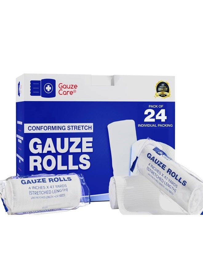 Gauze Care لفائف الشاش عبوة من 24 - جودة ممتازة خالية من الوبر واللاتكس 4 بوصات × 4.1 ياردات ضمادات مرنة مصممة للعناية الفعالة بالجروح والراحة - مثالية للاستخدام كلفافة مومياء - Image 1