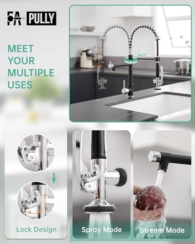 Fapully Kitchen Sink Faucet, Pull Down Kitchen Faucet, Black and Chrome Kitchen Faucets with Sprayer, Single Handle Single Hole Faucets for Kitchen Sinks - Image 4
