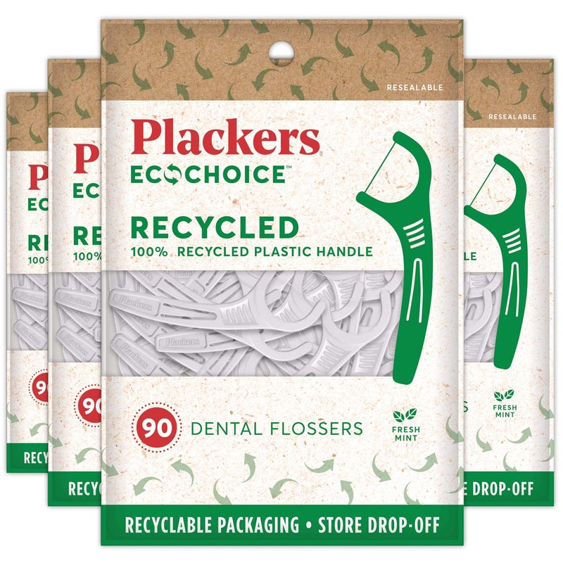 Plackers EcoChoice Fresh Mint Recycled Dental Flossers, Easy Grip Handle, Built in Toothpick, Made with 100% Recycled Food Grade Plastic, 360 Count (Pack of 4) - Image 1