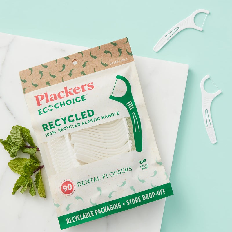 Plackers EcoChoice Fresh Mint Recycled Dental Flossers, Easy Grip Handle, Built in Toothpick, Made with 100% Recycled Food Grade Plastic, 360 Count (Pack of 4) - Image 4