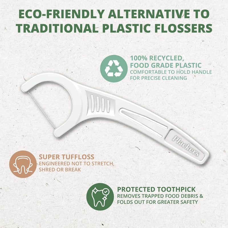 Plackers EcoChoice Fresh Mint Recycled Dental Flossers, Easy Grip Handle, Built in Toothpick, Made with 100% Recycled Food Grade Plastic, 360 Count (Pack of 4) - Image 3