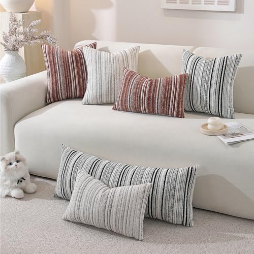 QDTTSRY Chenille Throw Decorative Pillow Covers 18x18 Set of 2, Textured Striped Boho Couch Pillow Covers, Cozy Neutral Farmhouse Cushion Cover for Couch Sofa Bedroom Living Room, Colorful Coffee - Image 5