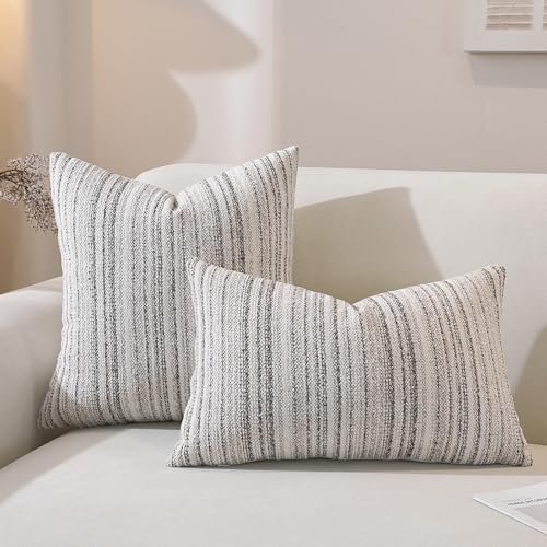 QDTTSRY Chenille Throw Decorative Pillow Covers 18x18 Set of 2, Textured Striped Boho Couch Pillow Covers, Cozy Neutral Farmhouse Cushion Cover for Couch Sofa Bedroom Living Room, Colorful Coffee - Image 2