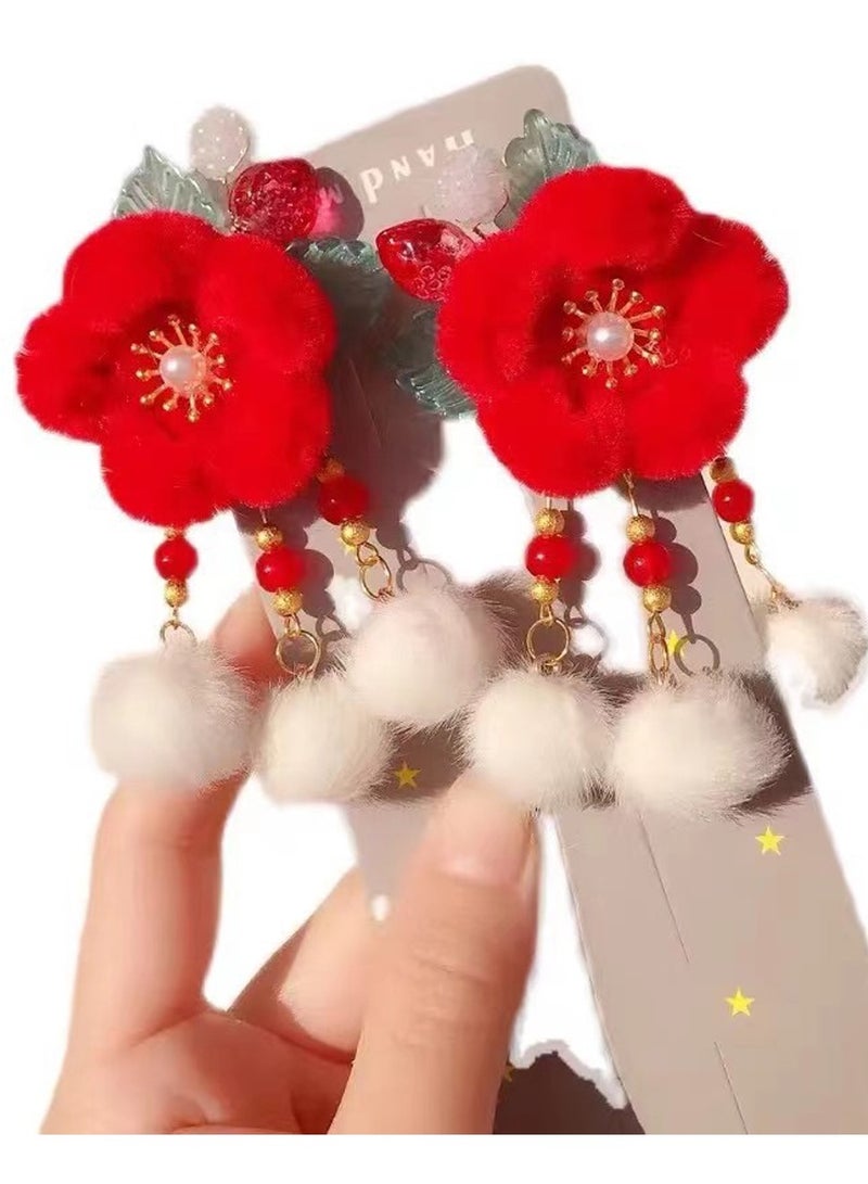 Mordely Baby Girls Chinese Style Hair Clips Red Bowknot Hair Clip with Soft Fuzzy Pompoms Tassels Cute Chinese Style Women Girls Kids Spring Festival Hair Accessories New Year Gift White - Image 2