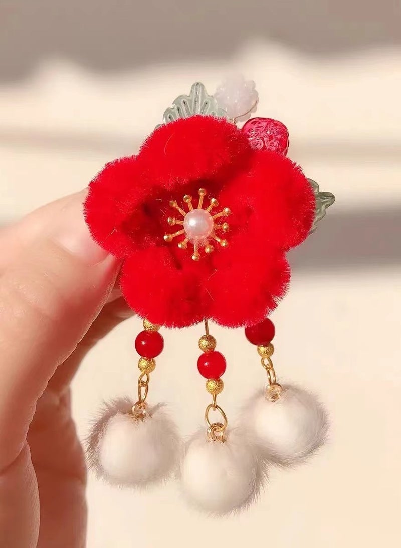 Mordely Baby Girls Chinese Style Hair Clips Red Bowknot Hair Clip with Soft Fuzzy Pompoms Tassels Cute Chinese Style Women Girls Kids Spring Festival Hair Accessories New Year Gift White - Image 3