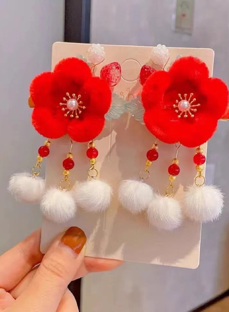 Mordely Baby Girls Chinese Style Hair Clips Red Bowknot Hair Clip with Soft Fuzzy Pompoms Tassels Cute Chinese Style Women Girls Kids Spring Festival Hair Accessories New Year Gift White - Image 4