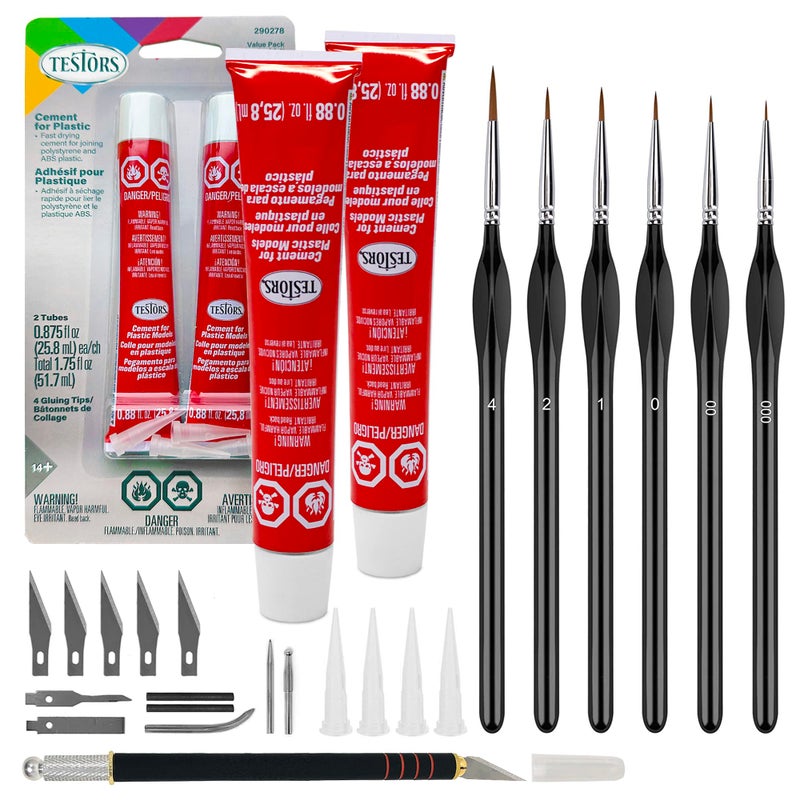 GRAS Art Bundles Testors Cement Plastic Model Glue Adhesive 2-Pack, 6 Fine Detail Miniatures Paint Brushes, Precision Crafting Knife with Extra Blades and Tips - Image 1