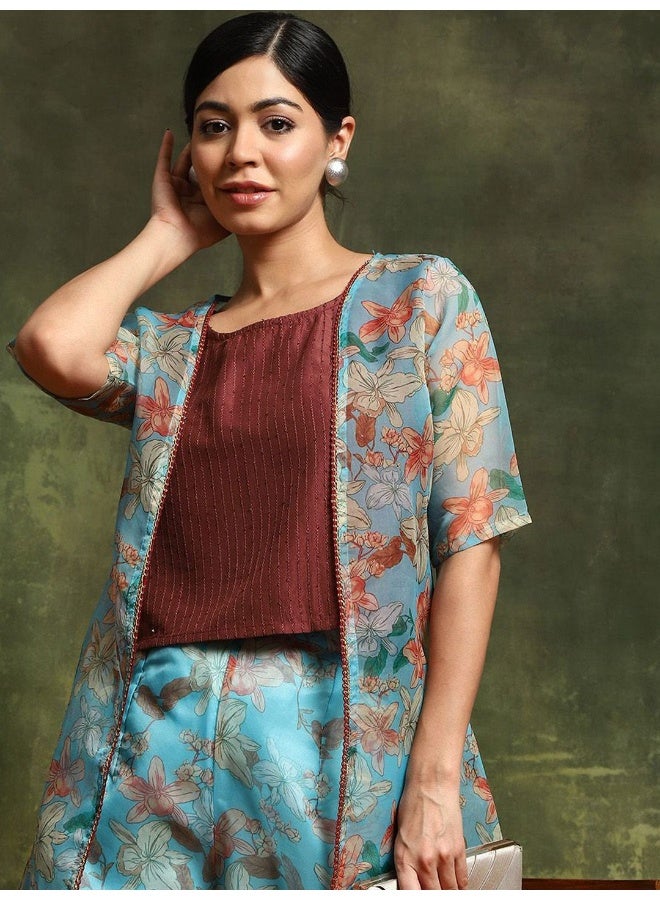 AKS Embellished Top With Printed Palazzos & Shrug  - Image 1
