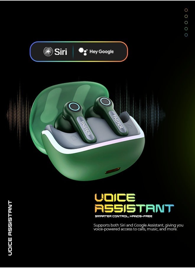 Faster NEONIX FBT 460 Wireless Earbuds, Bluetooth 5.3, ENC/ANC Noise Canceling, Dual Mic, 13mm Bass Driver, 6H Playback, Game Mode, IPX4, Type-C Fast Charging, Auto Pair, Android/iOS, 500mAh Case (Alpha Green)  - Image 2