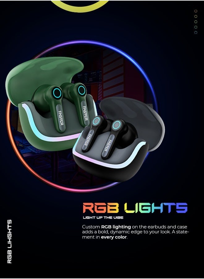 Faster NEONIX FBT 460 Wireless Earbuds, Bluetooth 5.3, ENC/ANC Noise Canceling, Dual Mic, 13mm Bass Driver, 6H Playback, Game Mode, IPX4, Type-C Fast Charging, Auto Pair, Android/iOS, 500mAh Case (Alpha Green)  - Image 3