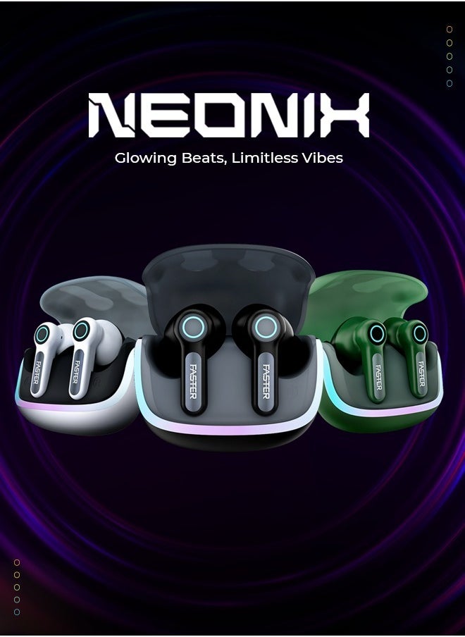 Faster NEONIX FBT 460 Wireless Earbuds, Bluetooth 5.3, ENC/ANC Noise Canceling, Dual Mic, 13mm Bass Driver, 6H Playback, Game Mode, IPX4, Type-C Fast Charging, Auto Pair, Android/iOS, 500mAh Case (Alpha Green)  - Image 4