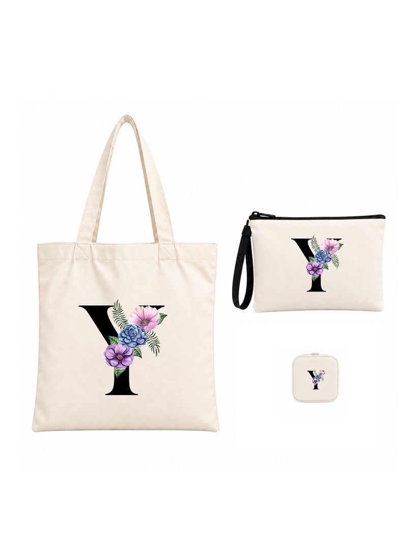 PRINTSHOP4ME Alphabet Floral Initial Gift Combo | 3 in 1 Tote Bag | Pouch | Jewellery Box Set - Image 1