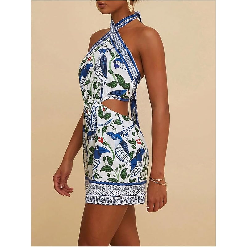 MakeMeChic Women's Boho Mini Dress Summer Beach Vacation Halter Dresses Floral Sundress - Image 2