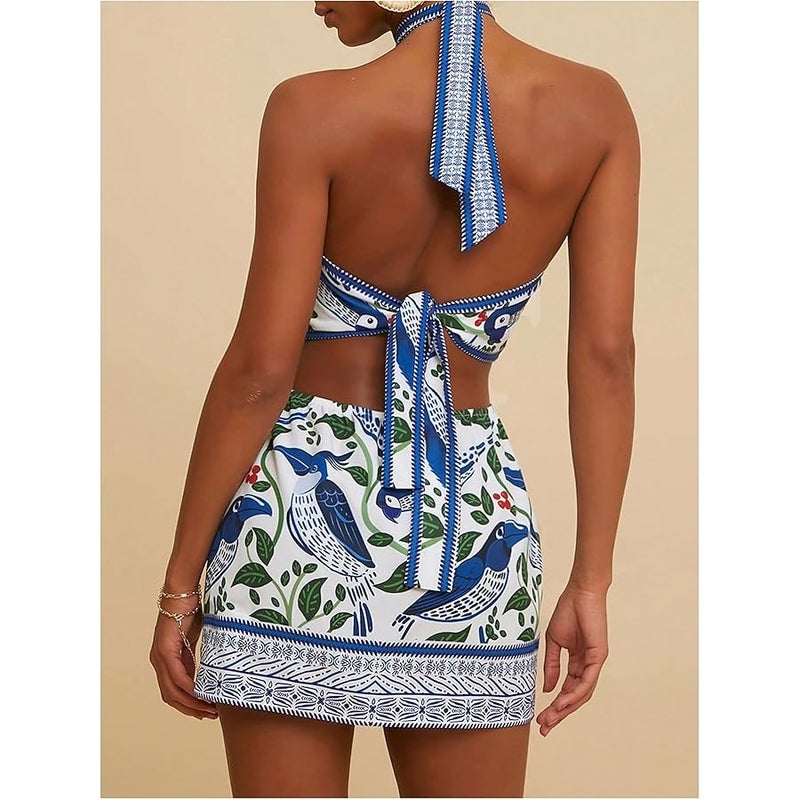 MakeMeChic Women's Boho Mini Dress Summer Beach Vacation Halter Dresses Floral Sundress - Image 4