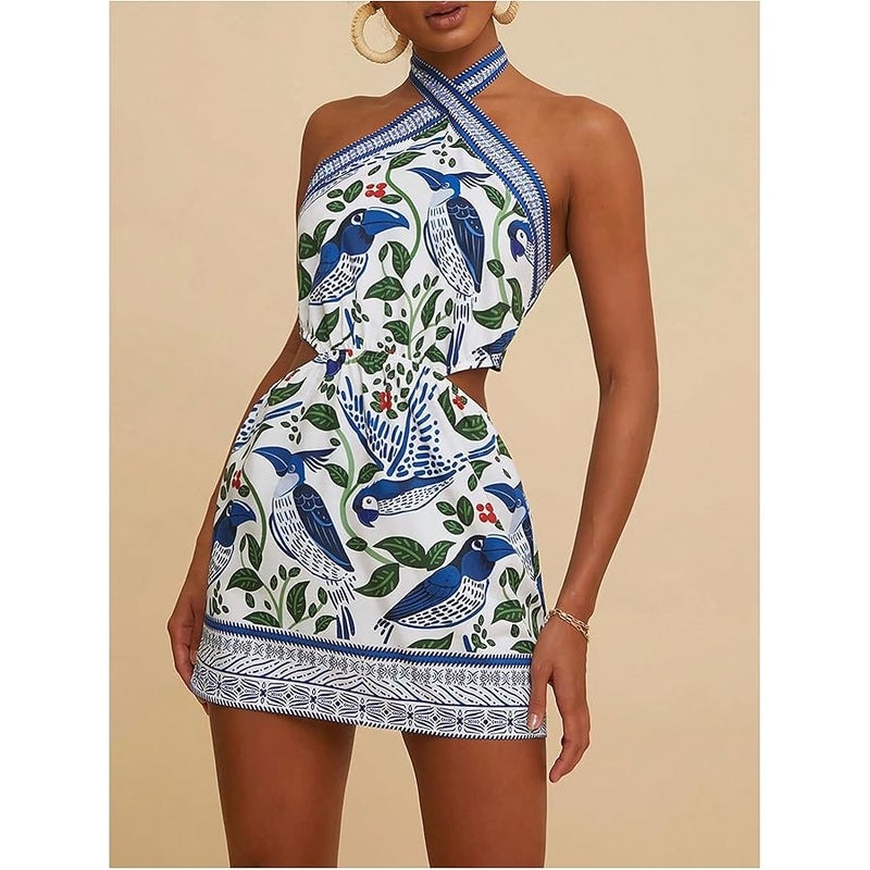 MakeMeChic Women's Boho Mini Dress Summer Beach Vacation Halter Dresses Floral Sundress - Image 3