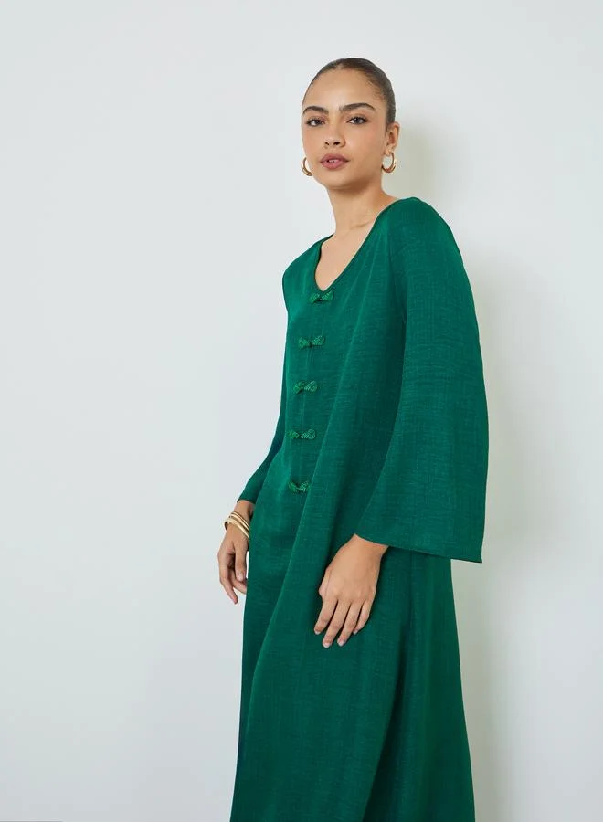 أميرة Dark Green V Neck Jalabiya with Decorative Buttons