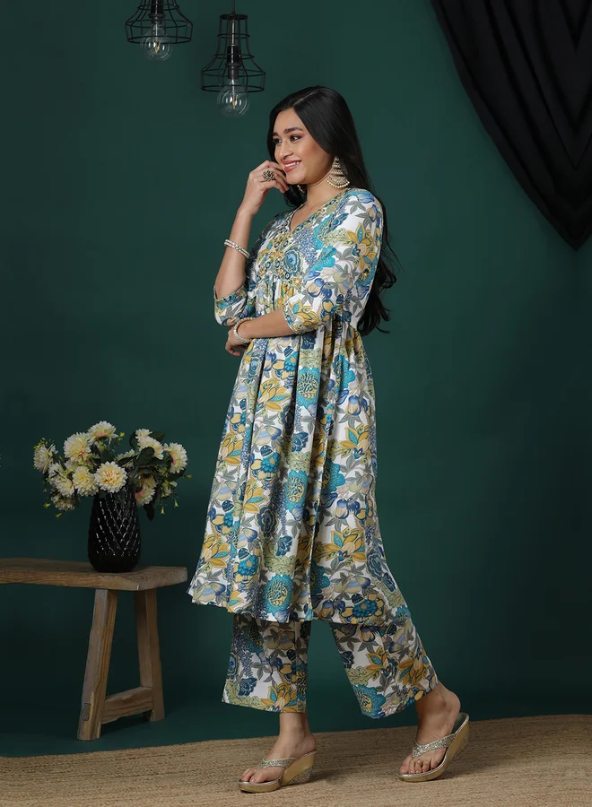 globus Globus Green Embroidered Detail Floral Kurta and Pants Set