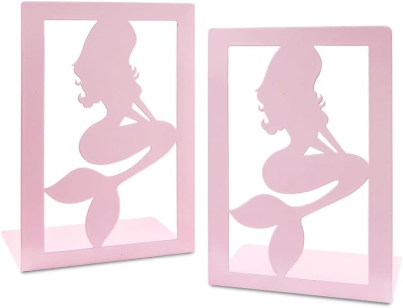 Winterworm Pink Mermaid Bookends for GirlsCute Mermaid Princess Bookends Metal Book Ends Shelves Organizer Metal Book Stands Journal Book Holder Reading Room Decorative Bookends for Office Home School - Image 1