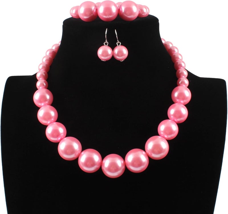 KOSMOS-LI Women's Large Big Simulated Pearl Statement 19" Necklace Bracelet and Earrings Jewelry Set Stocking Stuffers - Image 2