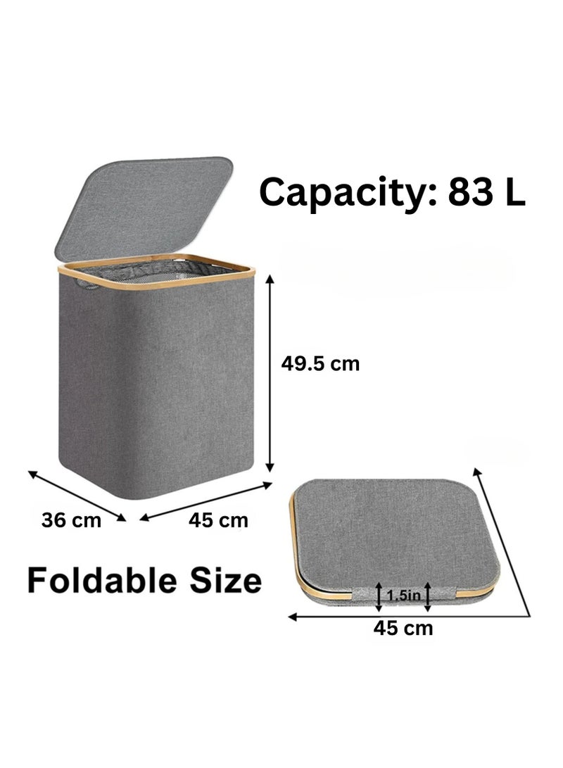 Laundry Hamper with Lid, Tall Laundry Baskets with Bamboo Pull Handles, Large Laundry Bin with Internal Support, Capacity 83 Liter - Image 2