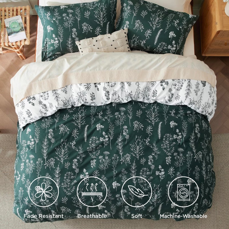 Bedsure 3 Pcs Floral Patterned Reversible Emerald Green Queen Duvet Cover Set with Zipper Closure and 8 Corner Ties, Includes 1 Duvet Cover (230 cm x 230 cm) and 2 Pillow Shams (50 cm x 66 cm) - Image 3