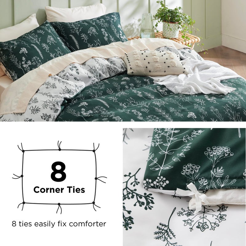Bedsure 3 Pcs Floral Patterned Reversible Emerald Green Queen Duvet Cover Set with Zipper Closure and 8 Corner Ties, Includes 1 Duvet Cover (230 cm x 230 cm) and 2 Pillow Shams (50 cm x 66 cm) - Image 4