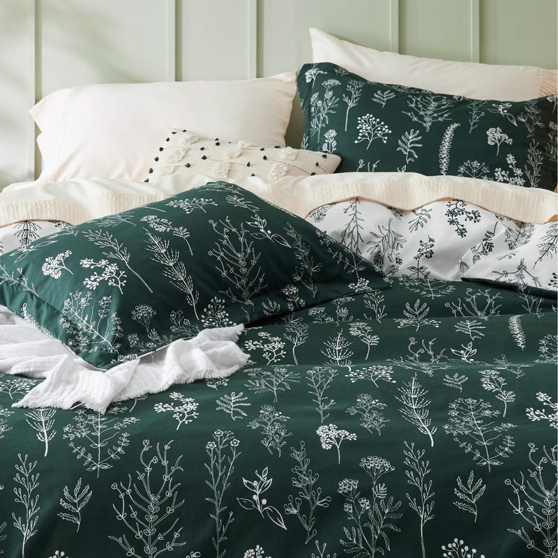 Bedsure 3 Pcs Floral Patterned Reversible Emerald Green Queen Duvet Cover Set with Zipper Closure and 8 Corner Ties, Includes 1 Duvet Cover (230 cm x 230 cm) and 2 Pillow Shams (50 cm x 66 cm) - Image 5
